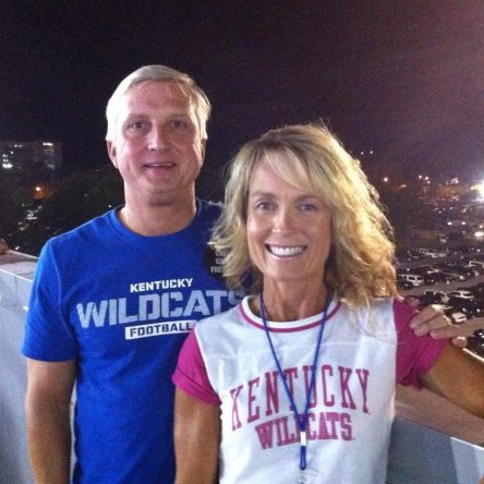 My wife and I look happy, even though it's likely that this was taken in the midst of a crushing defeat.